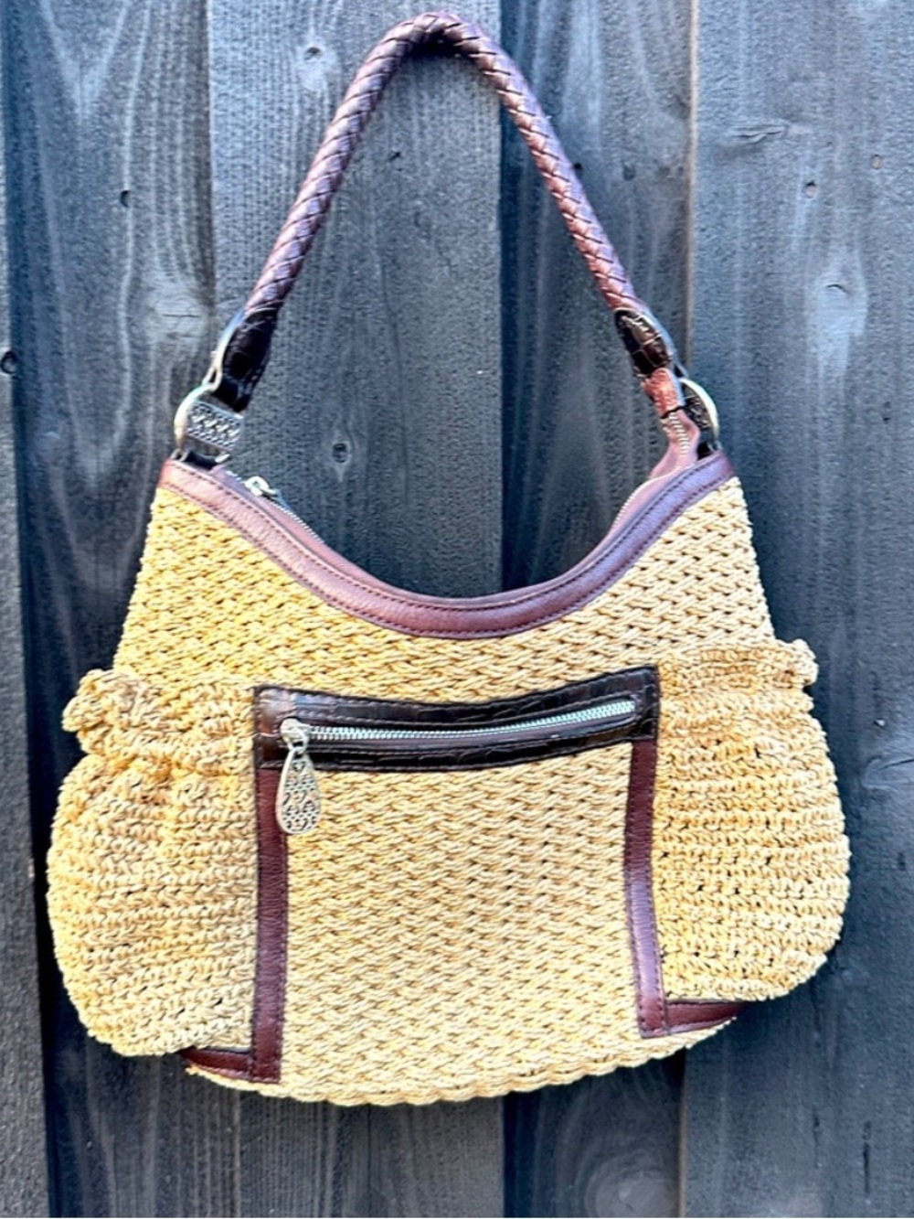 Brighton Woven Straw Handbag Shoulder purse brown leather trim size large